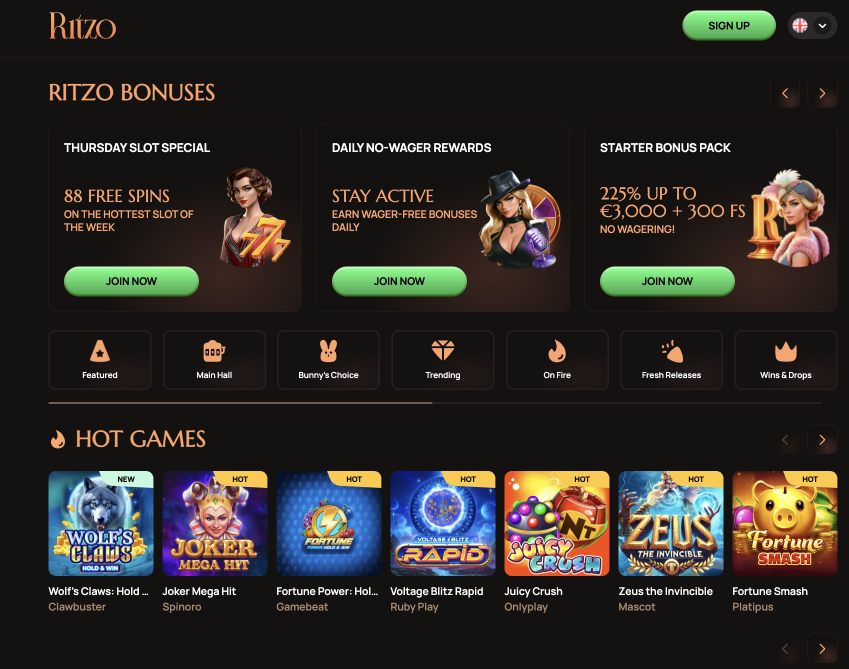 Ritzo Casino homepage screenshot with bonuses and hot games